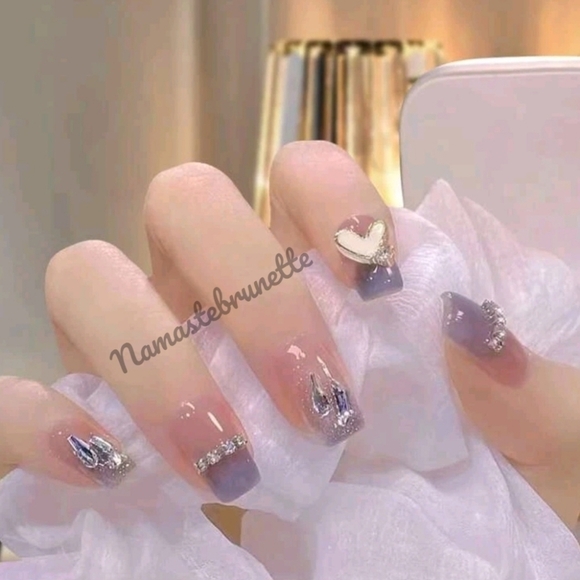 Heart Rhinestone Purple Press On Nails - Picture 1 of 13
